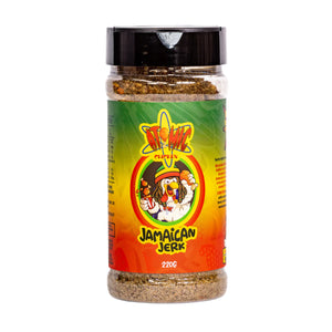 Atomic Chicken jamaican jerk rub container with white background showing the front of the label