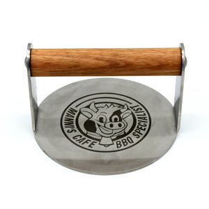 Stainless Burger Smasher Manni Cafe Logo hardwood handle front view white background