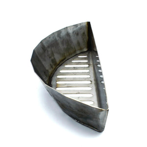 Slow N Sear style basket in stainless steel showing top angled view of the crescent moon shape.