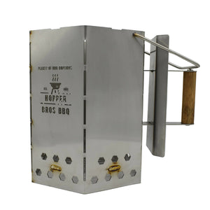 Metal BBQ hopper with 'Hopper Bros BBQ' branding on a white background