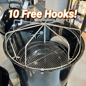 LD Fabrication rib hanger installed in 57cm Weber Smokey Mountain – heavy-duty alternative to Lava Lock rib hanger