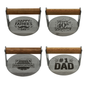 4 different burger smashers with custom logos and engravings