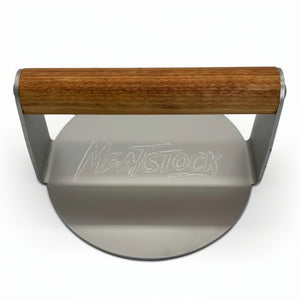 Stainless Steel burger smasher with meatstock logo, alternative to Andy Cooks Protein press