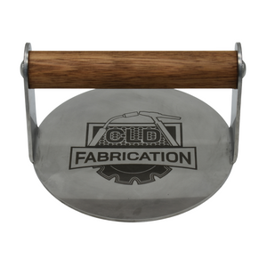 Stainless burger smasher with CLD Fabrication logo and wooden handle