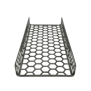 CLD Fabrication Brisket Mate Long Brisket Caddy – top-down view showing honeycomb perforated base and laser-cut Brisket Mate branding on side rails