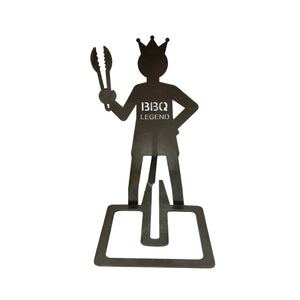Metallic figure of a person with 'BBQ Legend' text on a white background