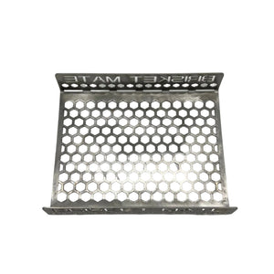 Brisket Mate Short Brisket Caddy – top-down view showing full hexagonal perforated stainless steel cooking surface and raised side walls