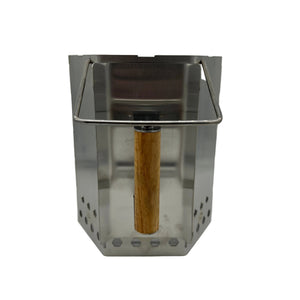 Handle-side view of CLD Fabrication charcoal chimney showing Tasmanian Oak grip, stainless heat shield and assist handle.