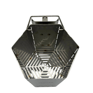 Top-down view inside CLD Fabrication extra large charcoal chimney showing the slotted charcoal grate and hexagonal chamber.