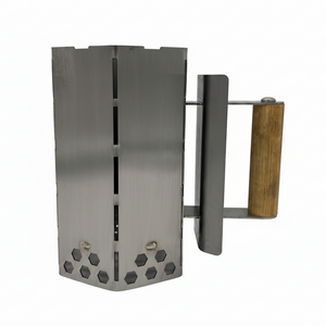 "Stainless mini charcoal chimney starter – white background, showing Tasmanian Oak handle and 304 stainless body"