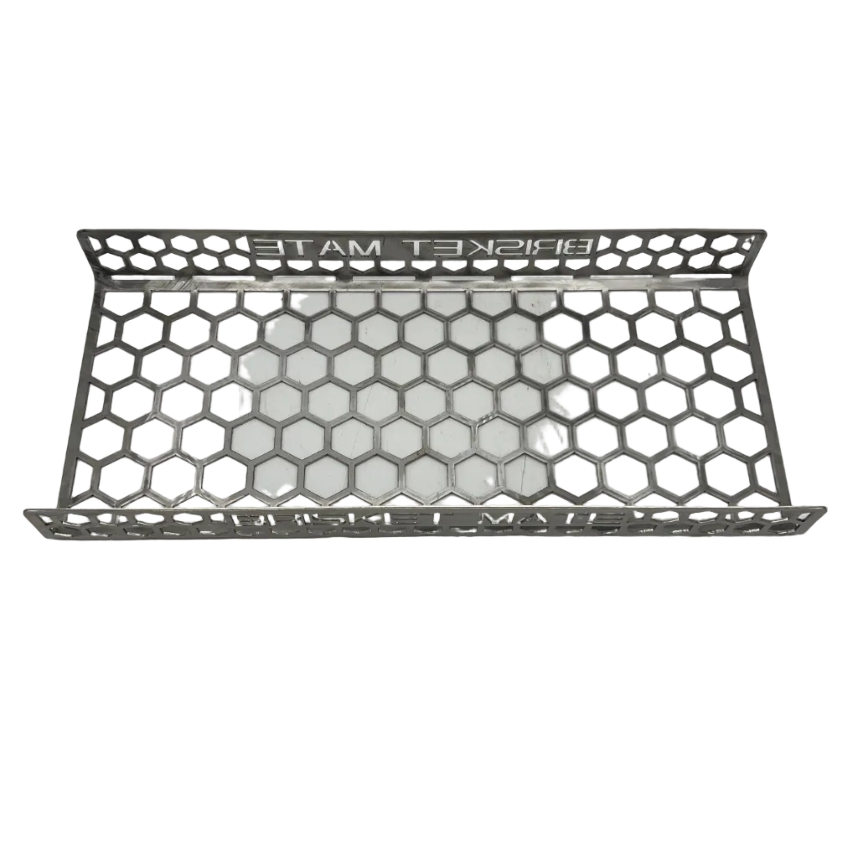 CLD Fabrication Brisket Mate Long Brisket Caddy – top-down view showing honeycomb perforated base and laser-cut Brisket Mate branding on side rails