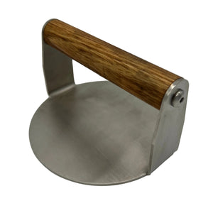 Heavy Duty Stainless Burger Smasher angled view hardwood handle white background