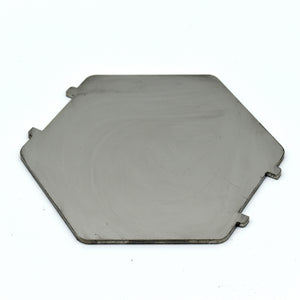 Steak press weight in stainless showing front view hexagon shape