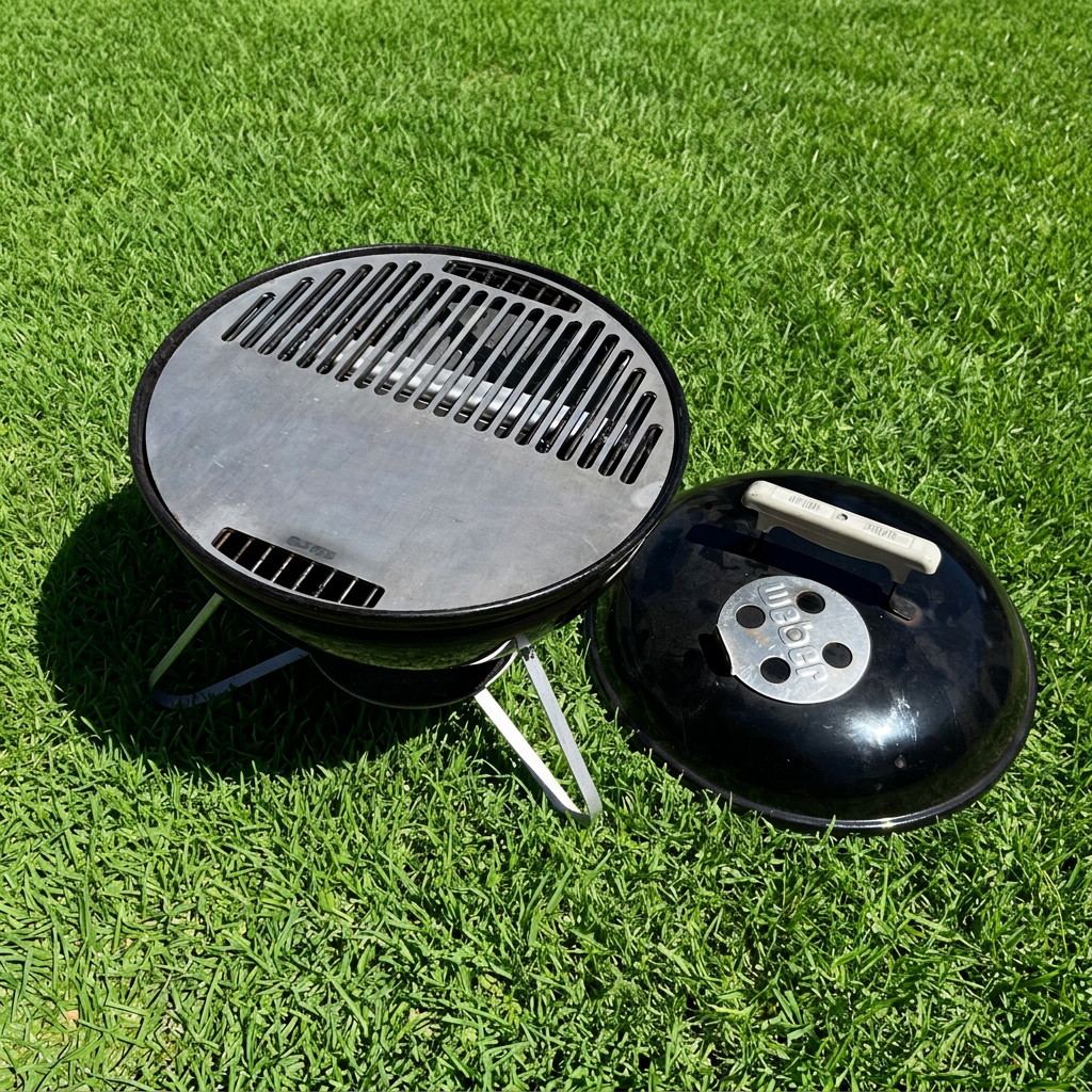 Portable grill on a grassy ground