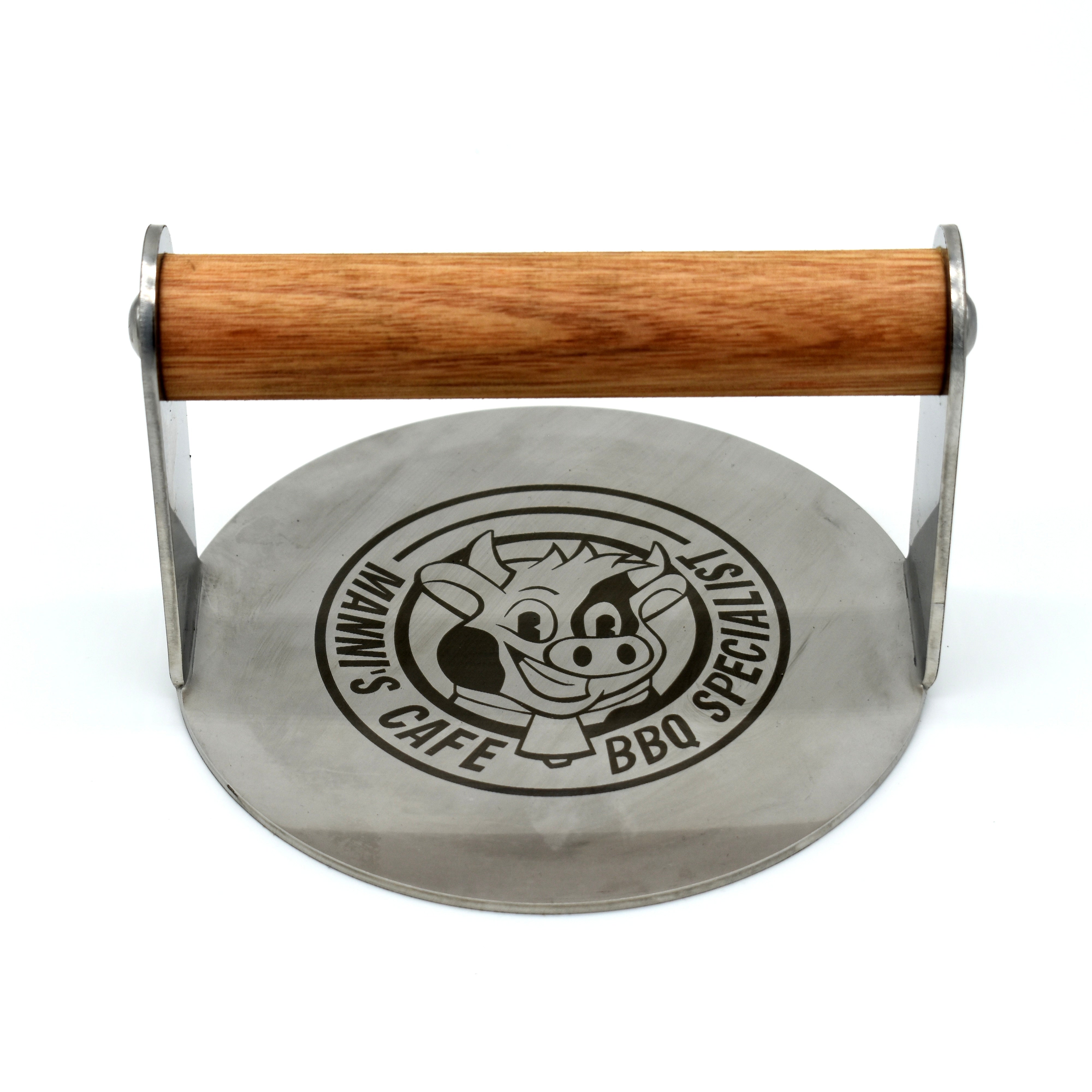 Stainless Burger Smasher Manni Cafe Logo hardwood handle front view white background