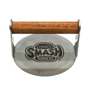 Stainless Burger Smasher Smash burger Logo hardwood handle front view white background