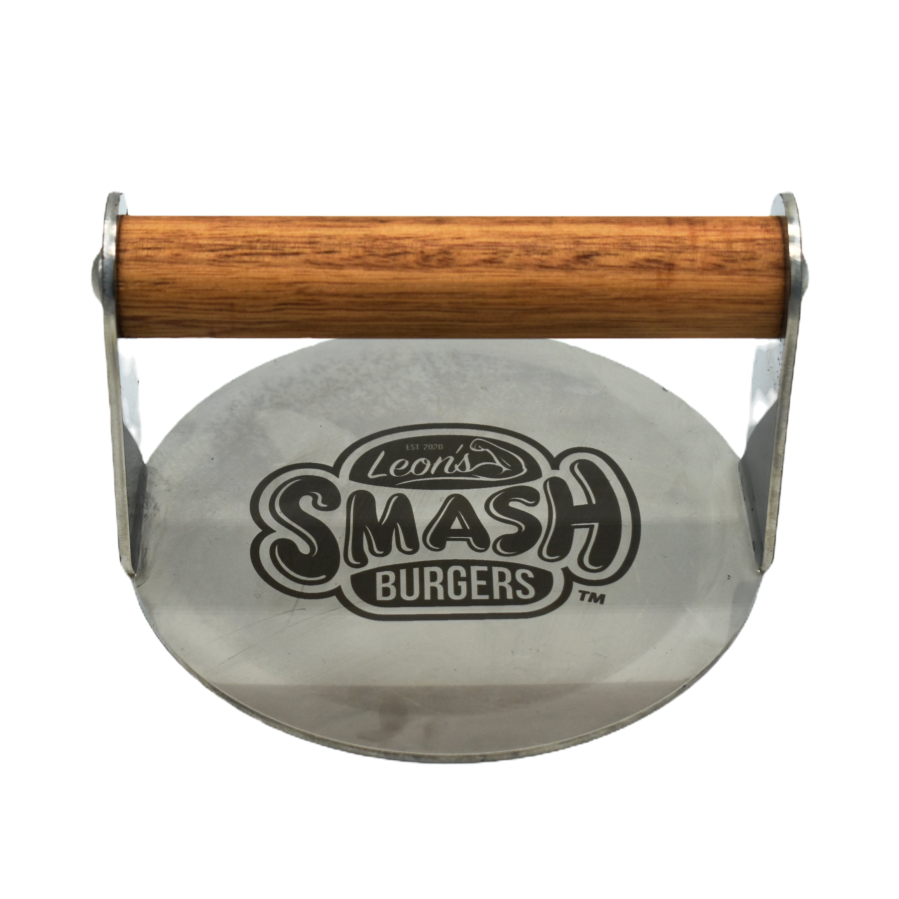 Stainless Burger Smasher Smash burger Logo hardwood handle front view white background