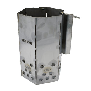 CLD Fabrication heavy duty 304 stainless steel charcoal chimney starter – side profile showing Tasmanian Oak handle