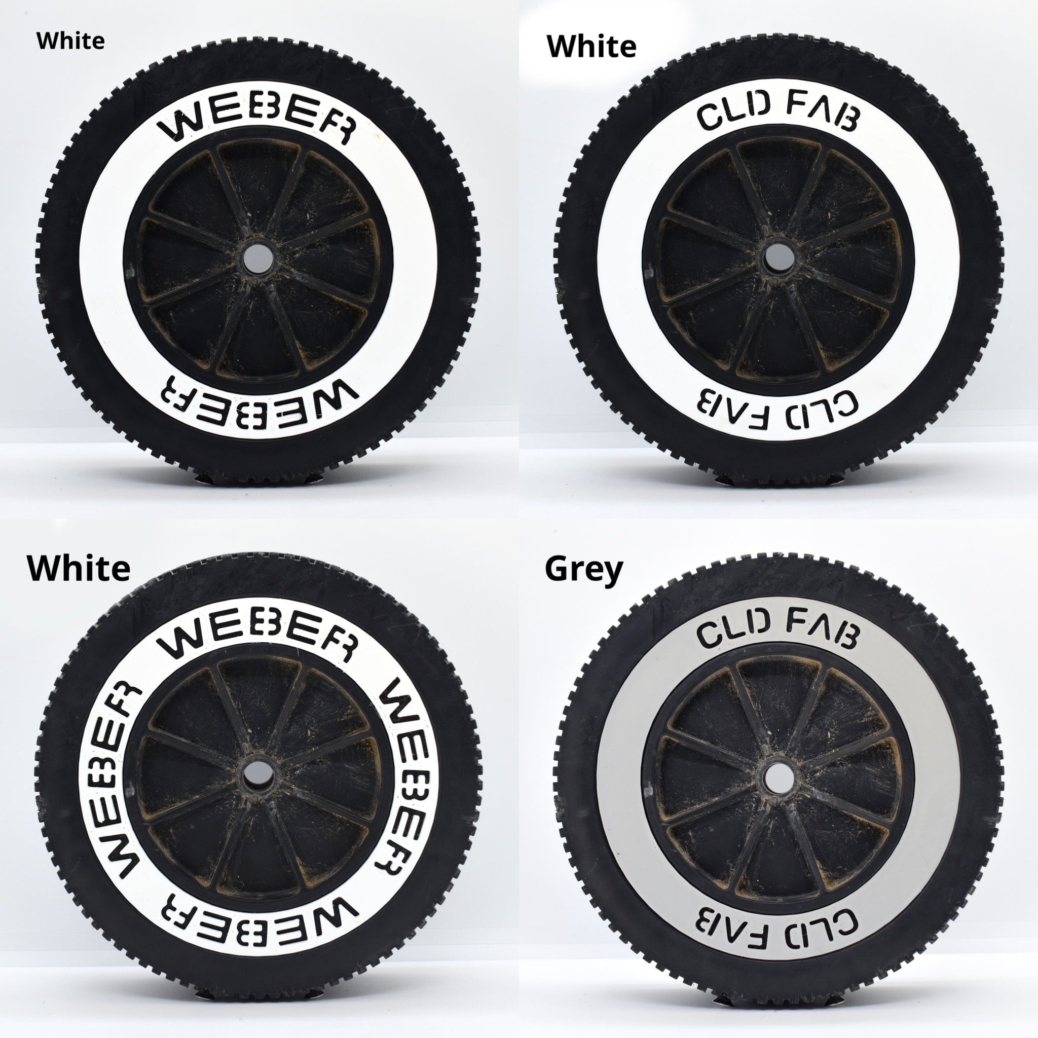 White and Grey custom weber wheel insert shown fitted in different styles.