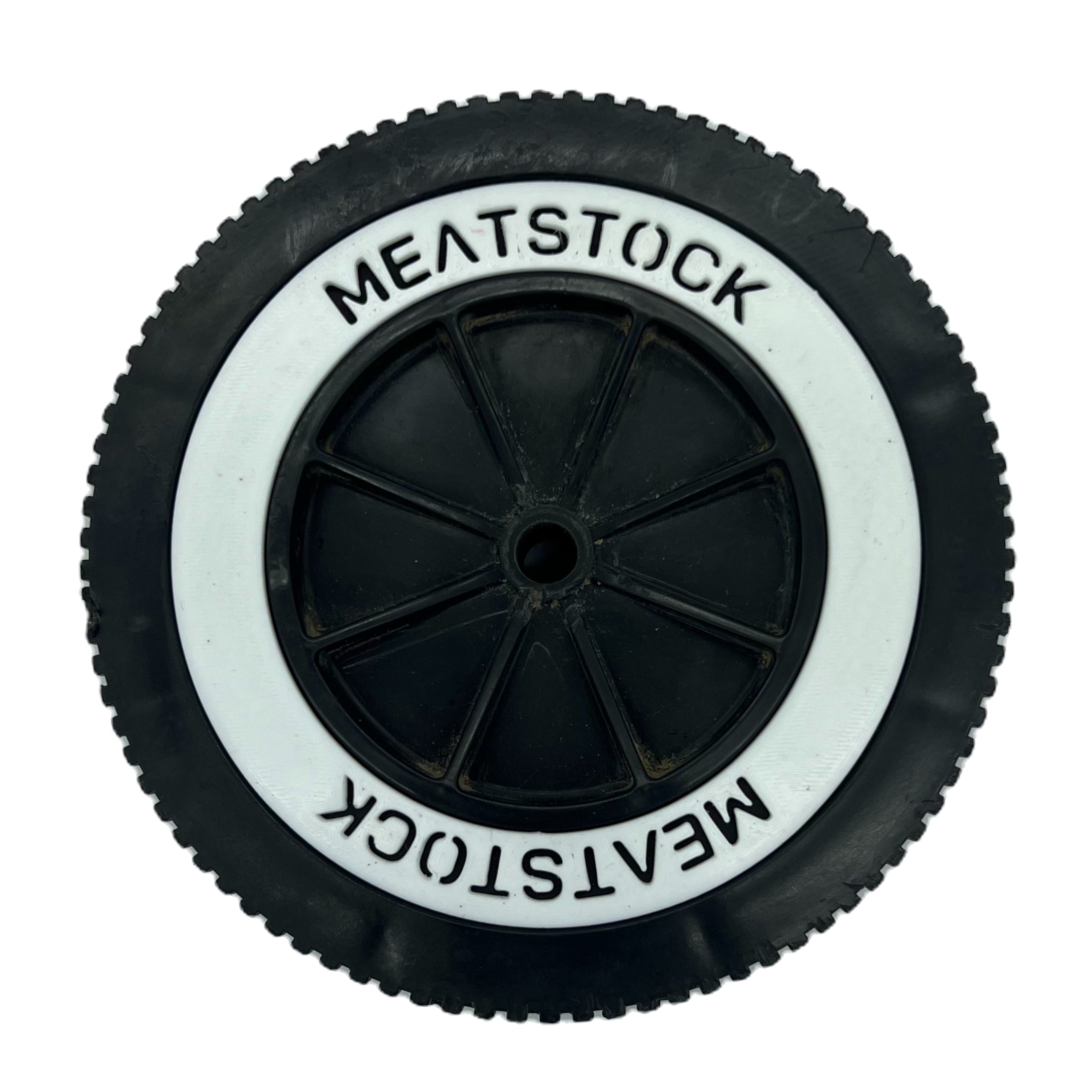 White Weber Kettle Wheel replacement insert/hubcap fitted to a wheel with customer Meatstock logo spare part