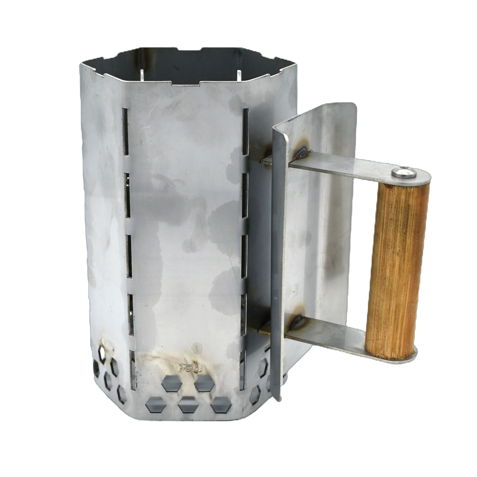 Mini stainless steel charcoal chimney starter with Tasmanian Oak handle – heavy duty 304 stainless, 1kg capacity