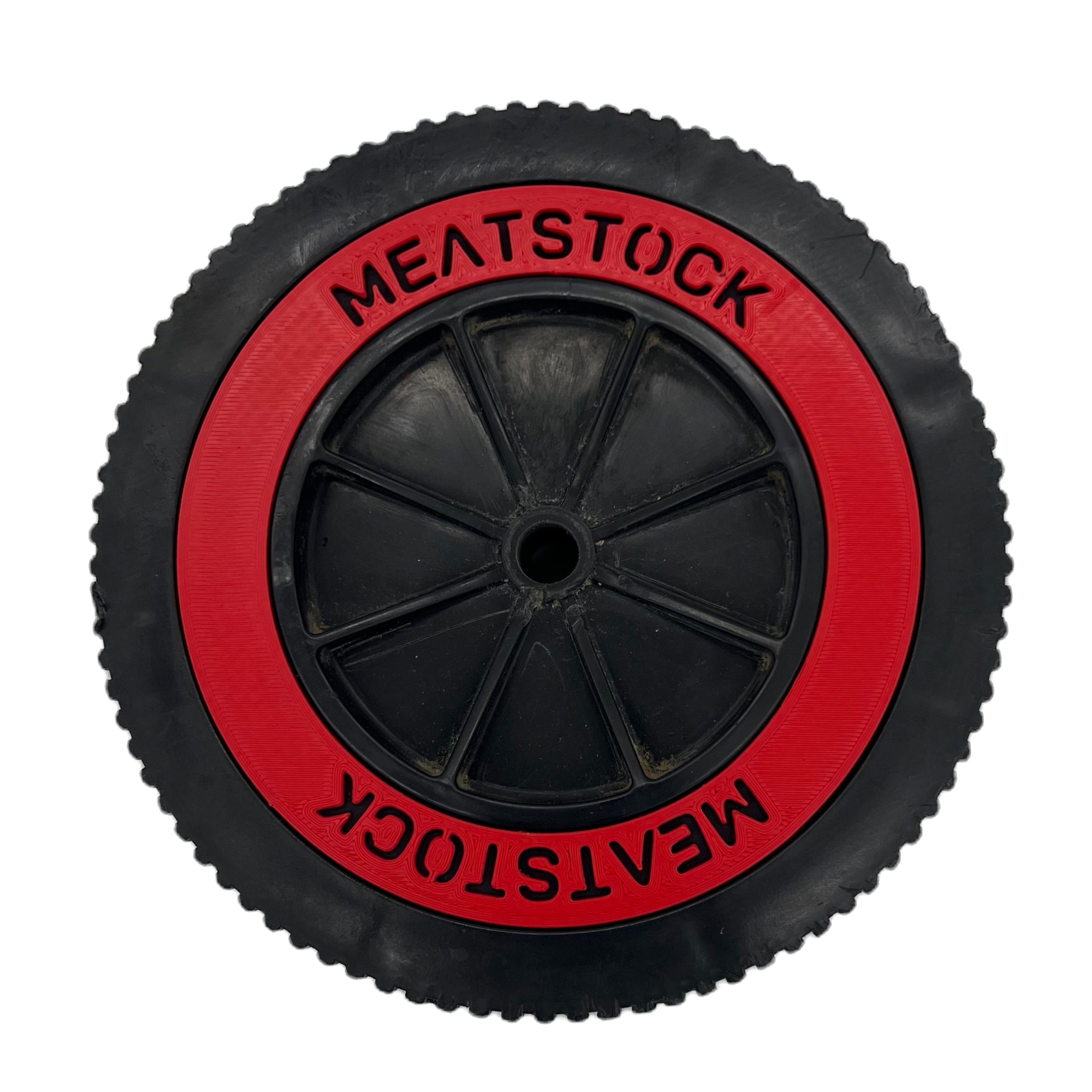 Red Weber Kettle Wheel replacement insert/hubcap fitted to a wheel with customer Meatstock logo spare part