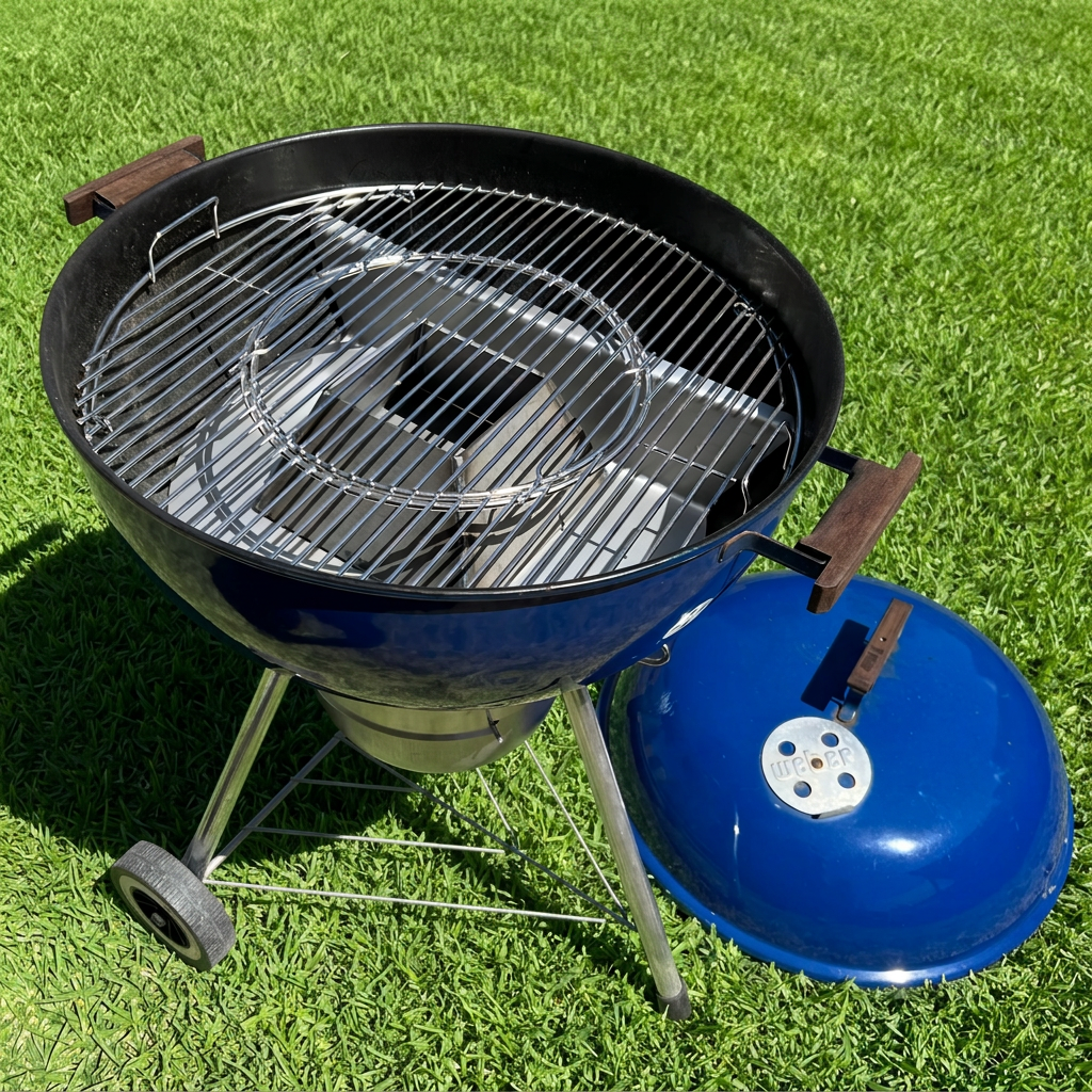 Barbecue grill with blue lid on a grassy area
