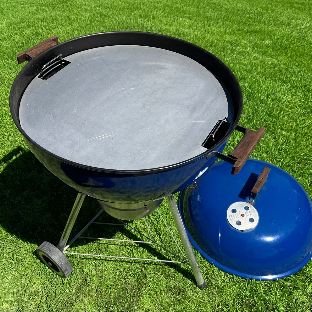 Barbecue grill with a blue lid on a grassy area