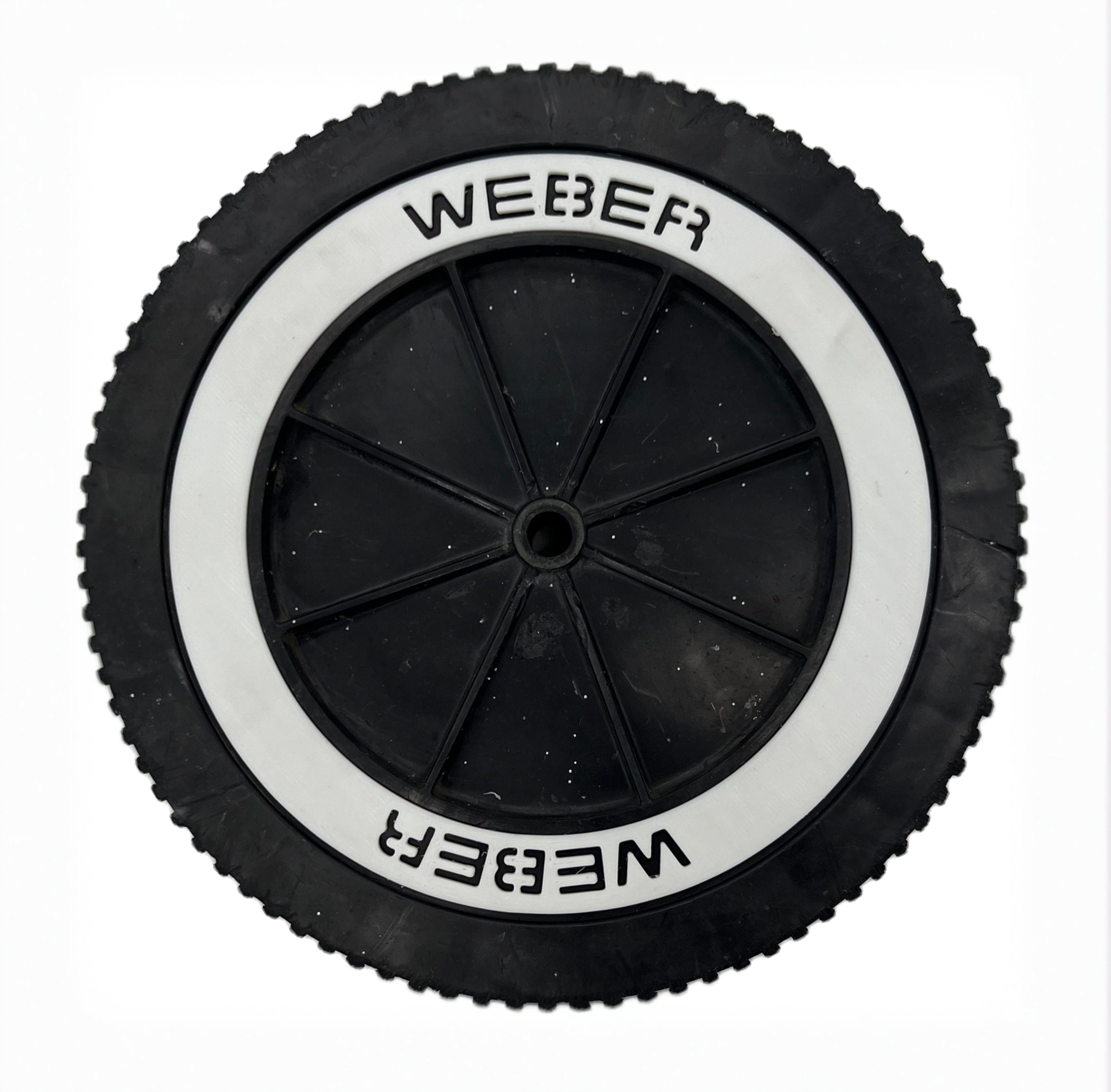8" weber wheel with a new white wheel insert installed on a white background