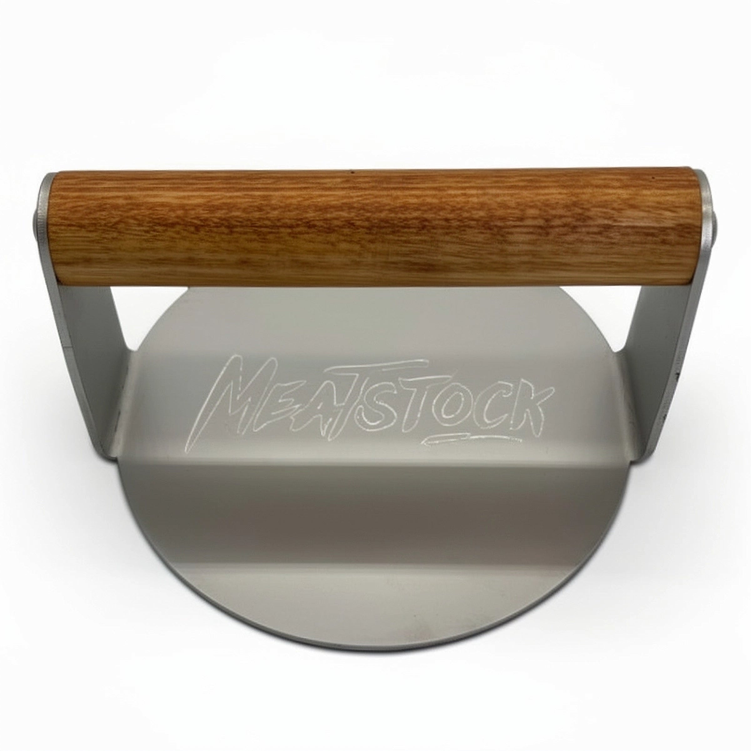 Stainless Steel burger smasher with meatstock logo, alternative to Andy Cooks Protein press