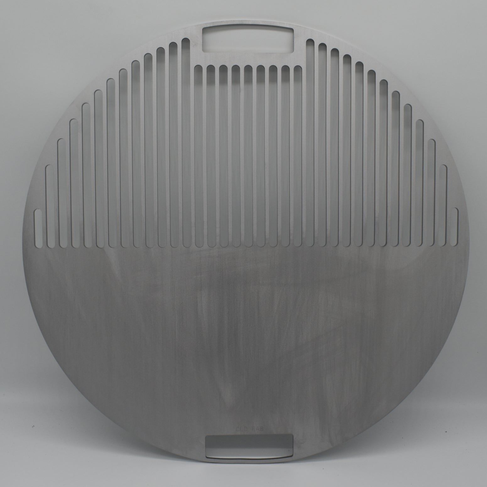 Stainless Griddle Grill plate to suit Weber Kettle, top view in a half grill half smash plate