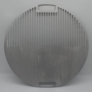 Stainless Griddle Grill plate to suit Weber Kettle, top view in a half grill half smash plate