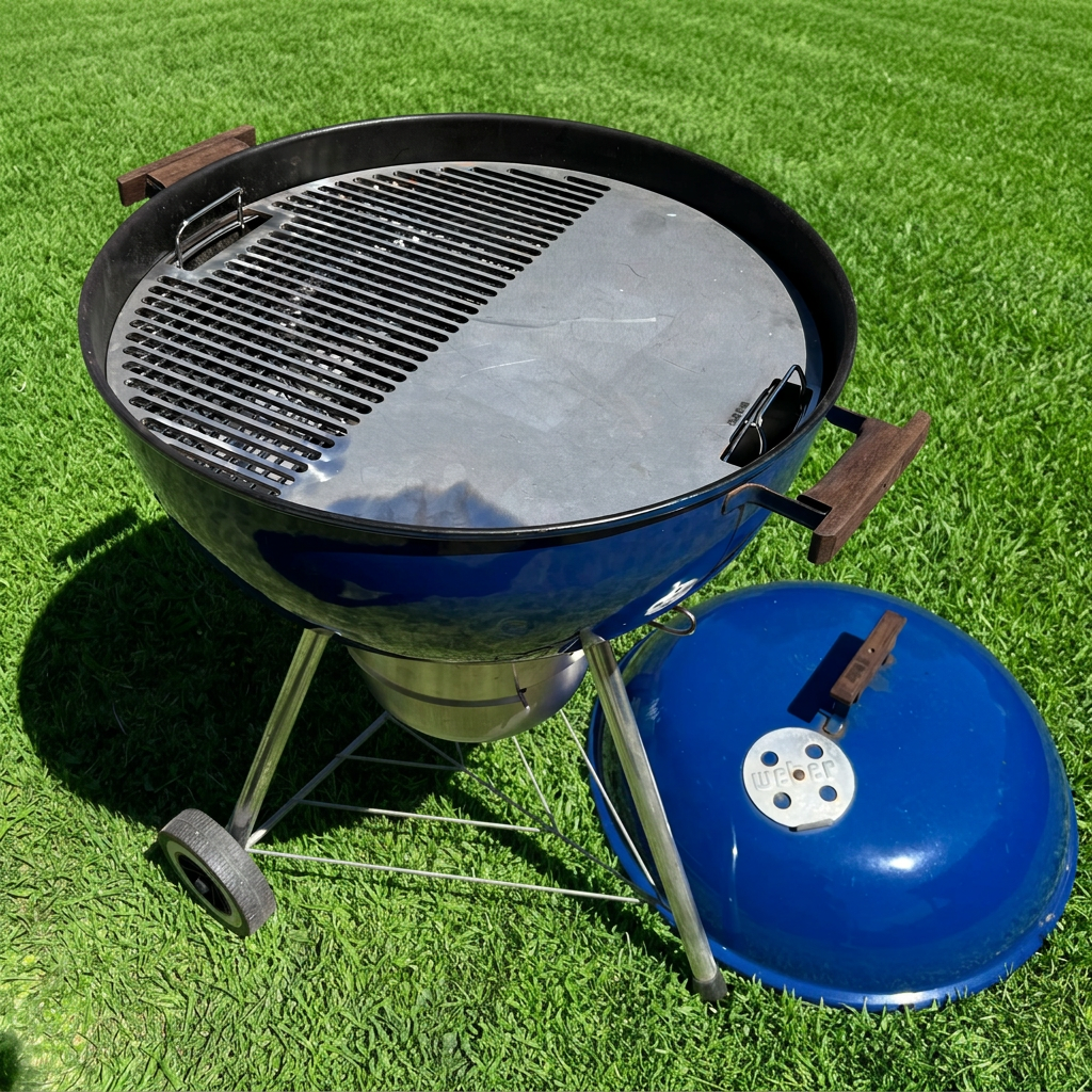 Barbecue grill with blue lid on a grassy area