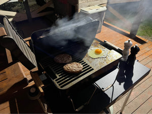 using the grill/plate combo on a weber GA shown cooking eggs and bacon
