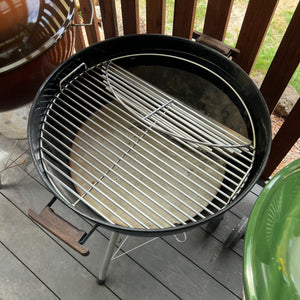 Stainless steel Weber kettle grill grate with hinged flap open, fitted to 57cm Weber kettle – Hunsaker Grill alternative Australia
