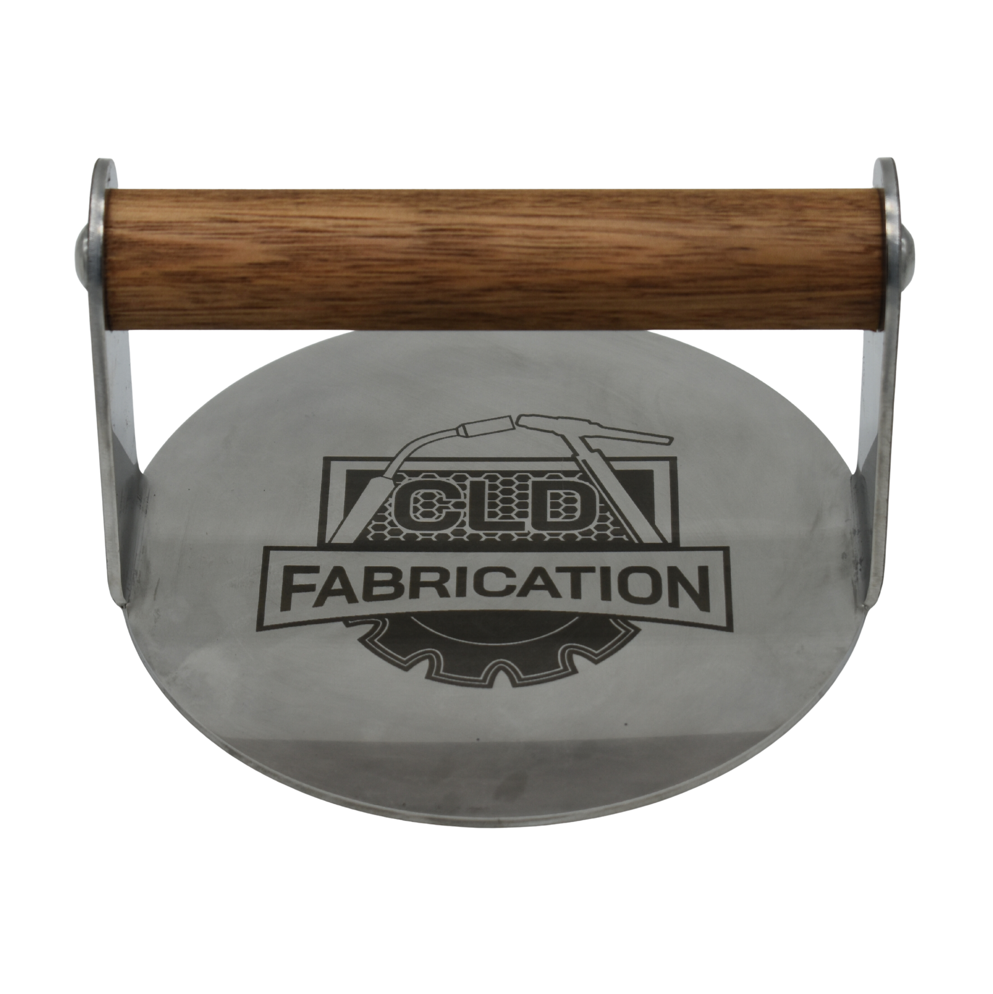 Stainless burger smasher with CLD Fabrication logo and wooden handle