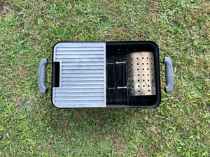 top view of the combo fitted to a weber go anywhere with a charcoal chimney
