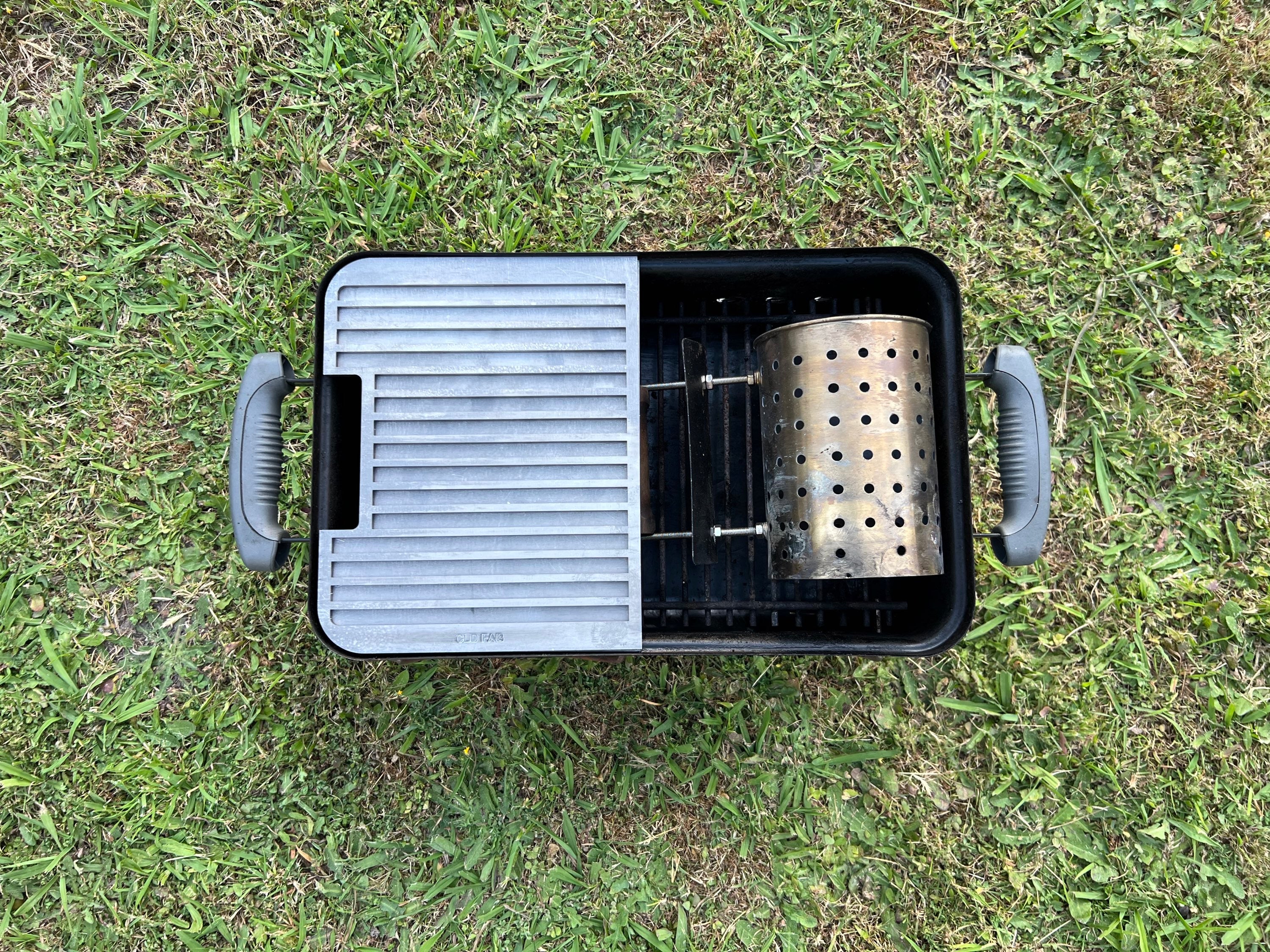 top view of the combo fitted to a weber go anywhere with a charcoal chimney