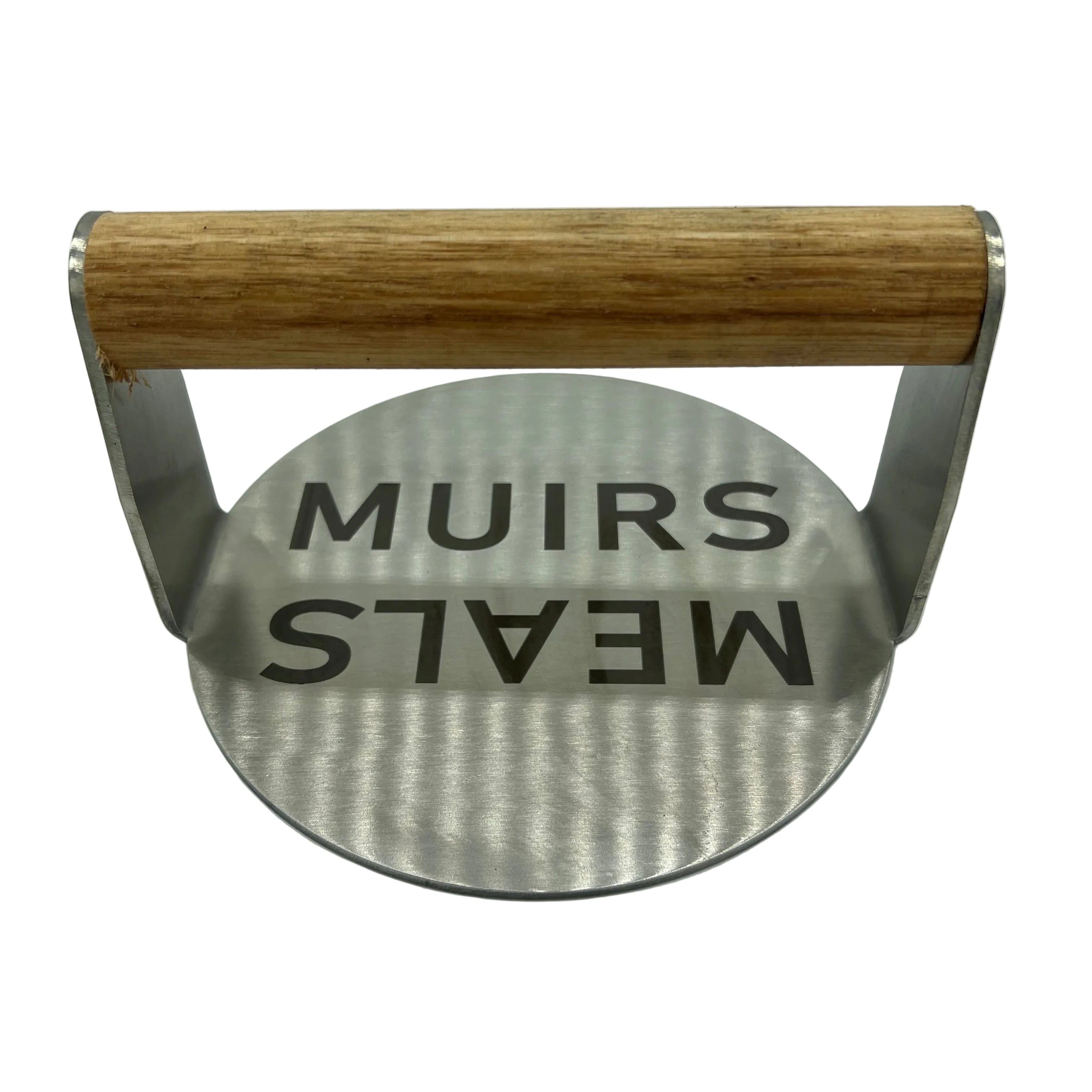 Stainless burger smasher with Muir Meals logo and wooden handle