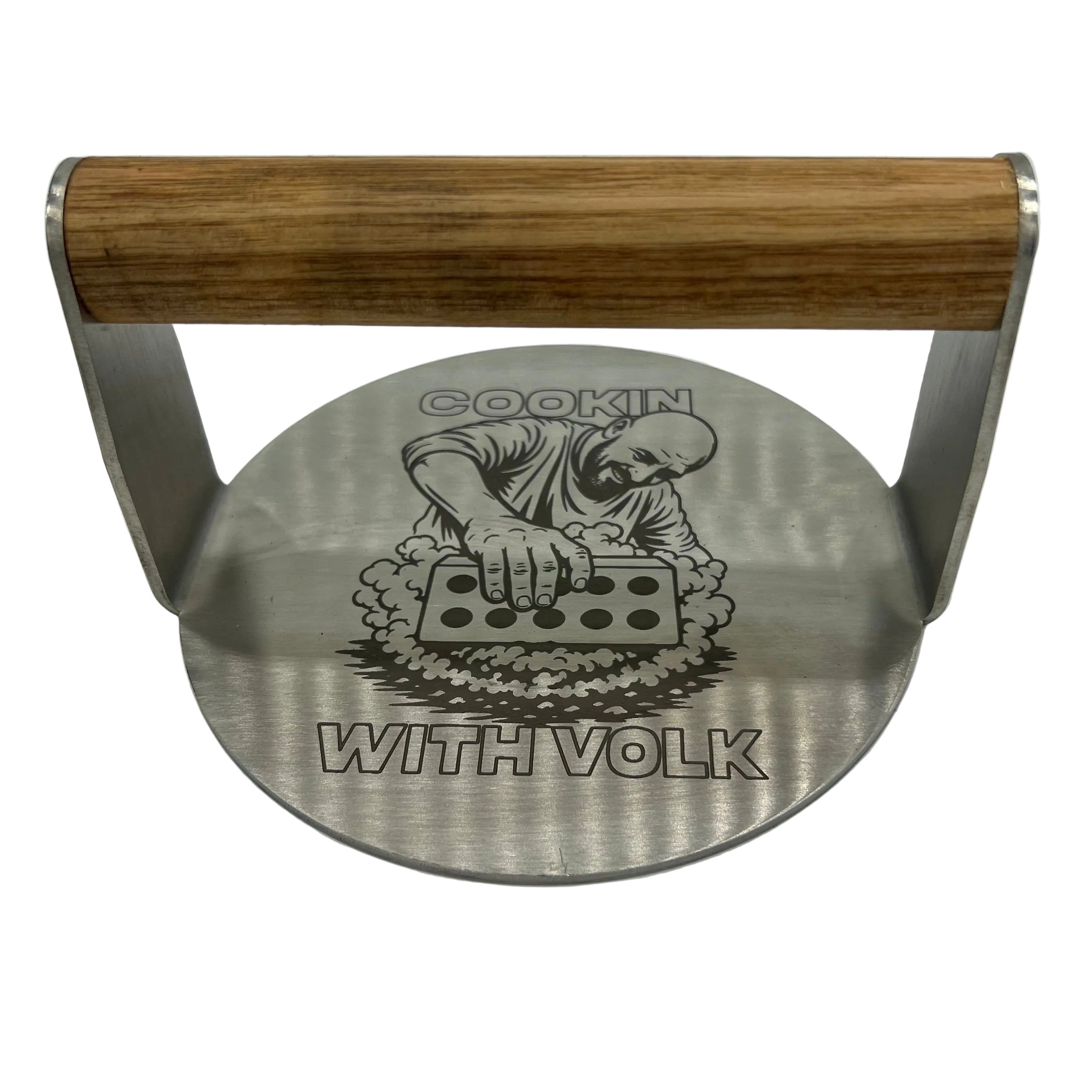 Stainless burger smasher with Cooking with Volk logo and wooden handle