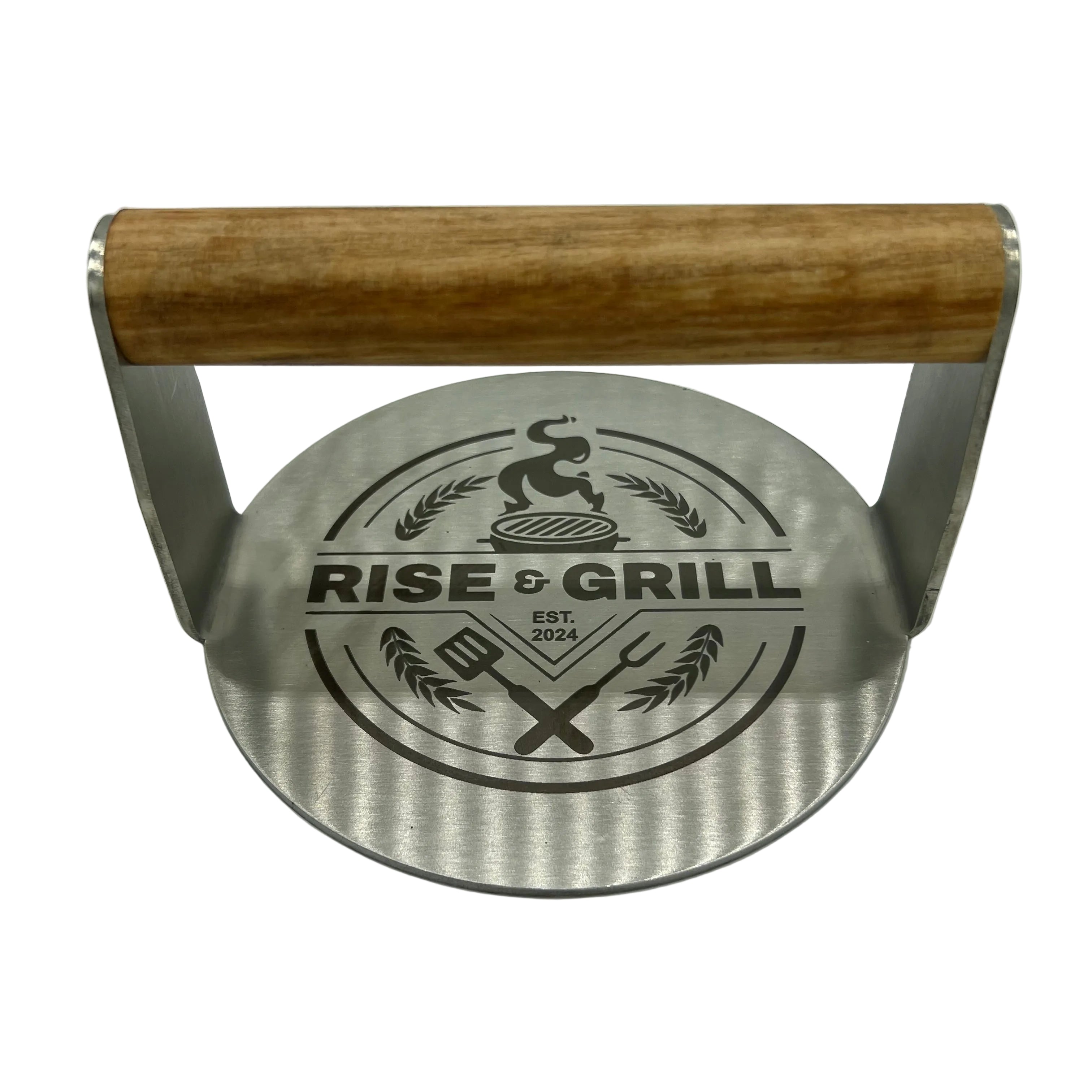 Stainless burger smasher with Rise And Grill logo and wooden handle