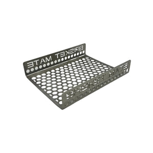 Brisket Mate Short Brisket Caddy – angled view showing perforated hexagonal stainless steel base and branded side panels, CLD Fabrication