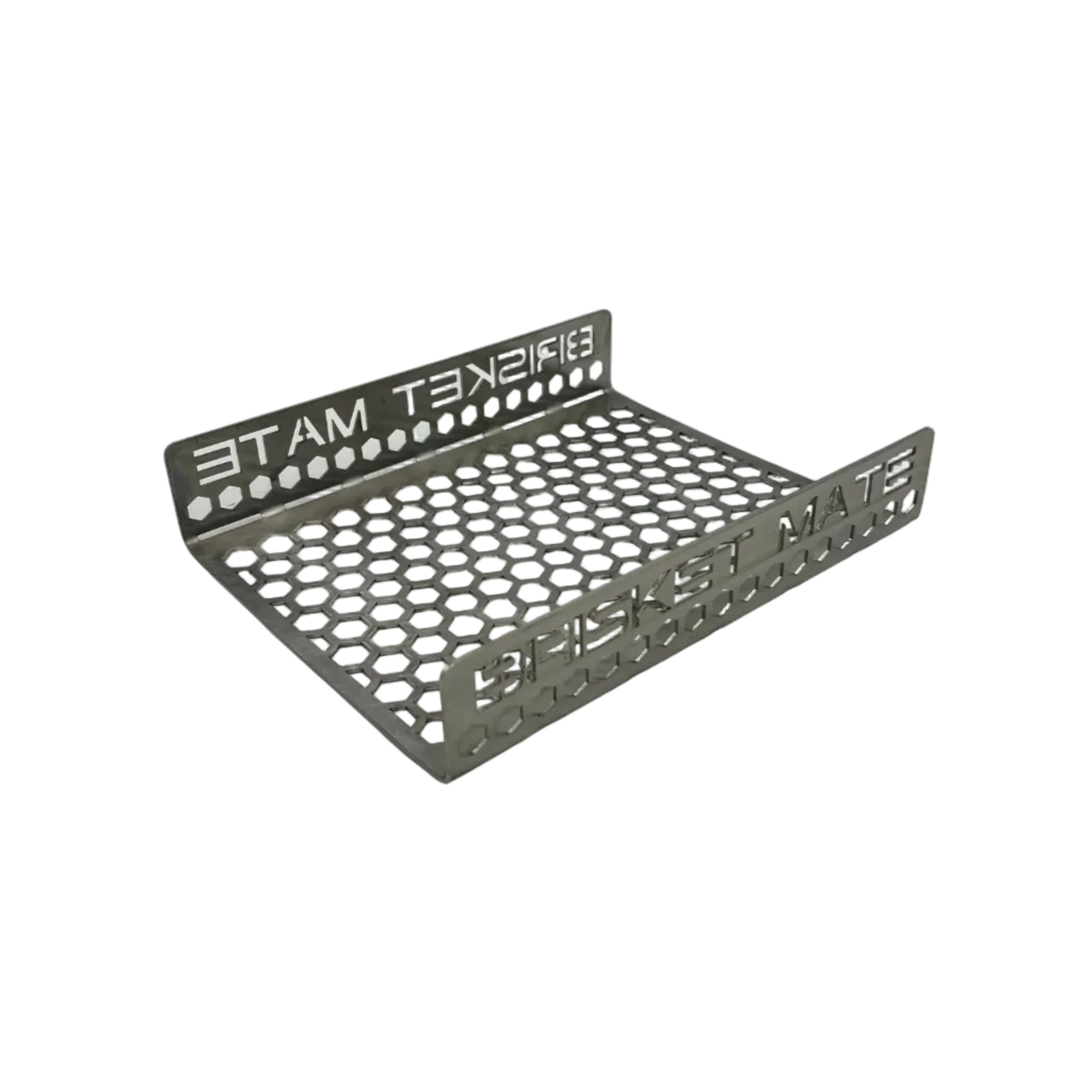 Brisket Mate Short Brisket Caddy – angled view showing perforated hexagonal stainless steel base and branded side panels, CLD Fabrication