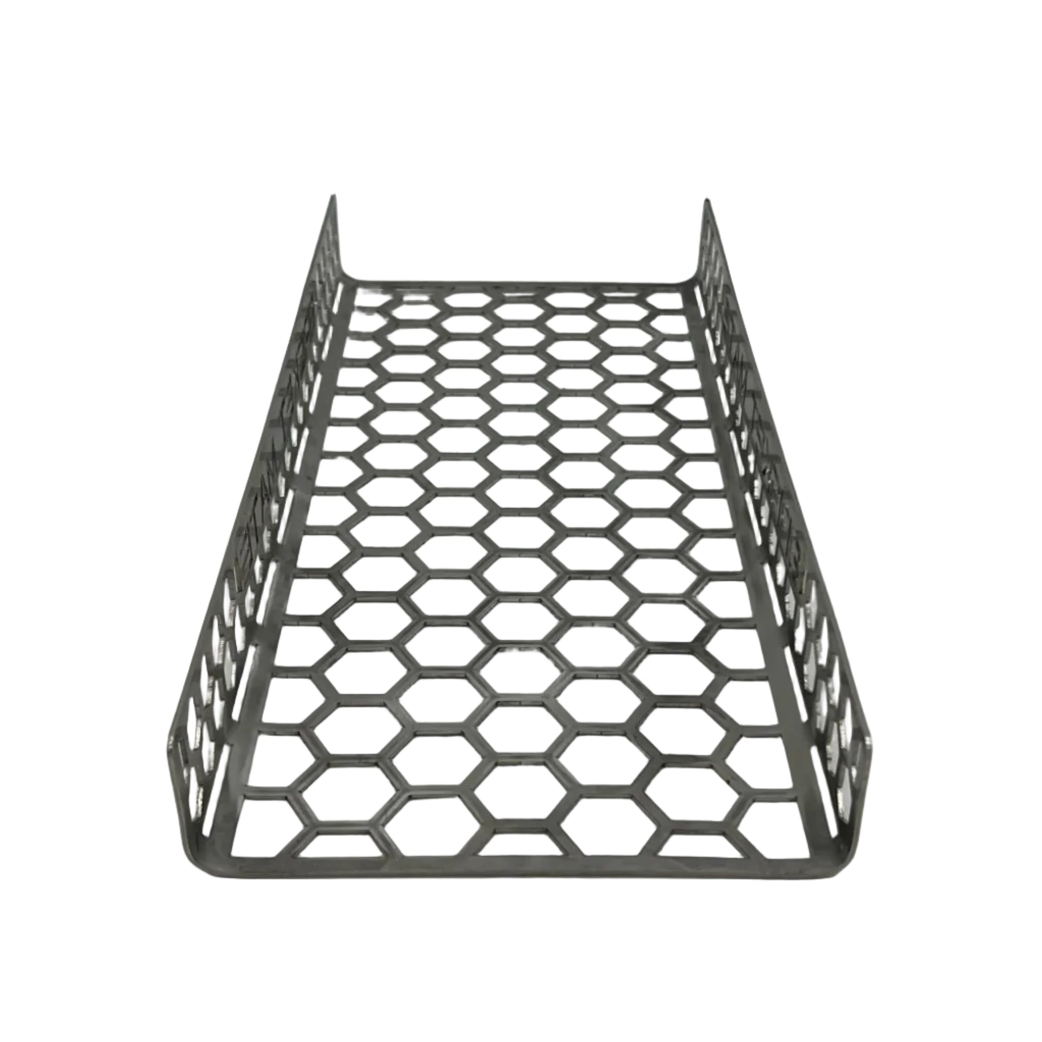 CLD Fabrication Brisket Mate Long Brisket Caddy – top-down view showing honeycomb perforated base and laser-cut Brisket Mate branding on side rails