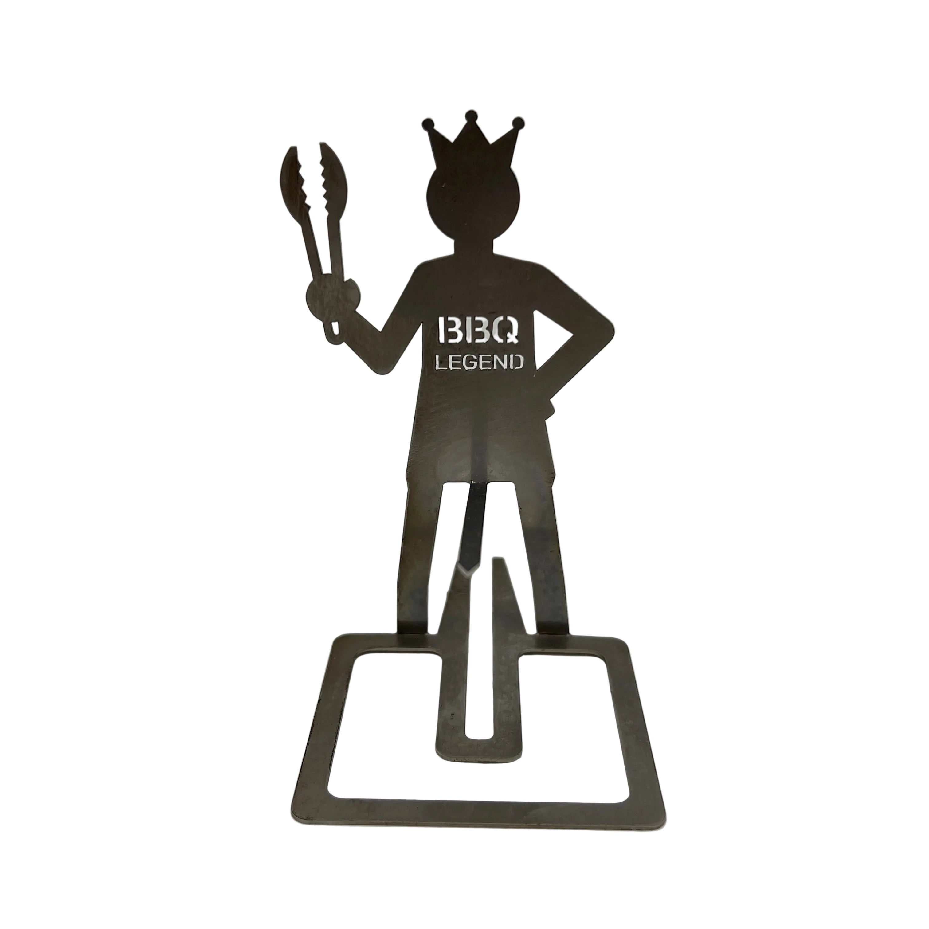 Metallic figure of a person with 'BBQ Legend' text on a white background