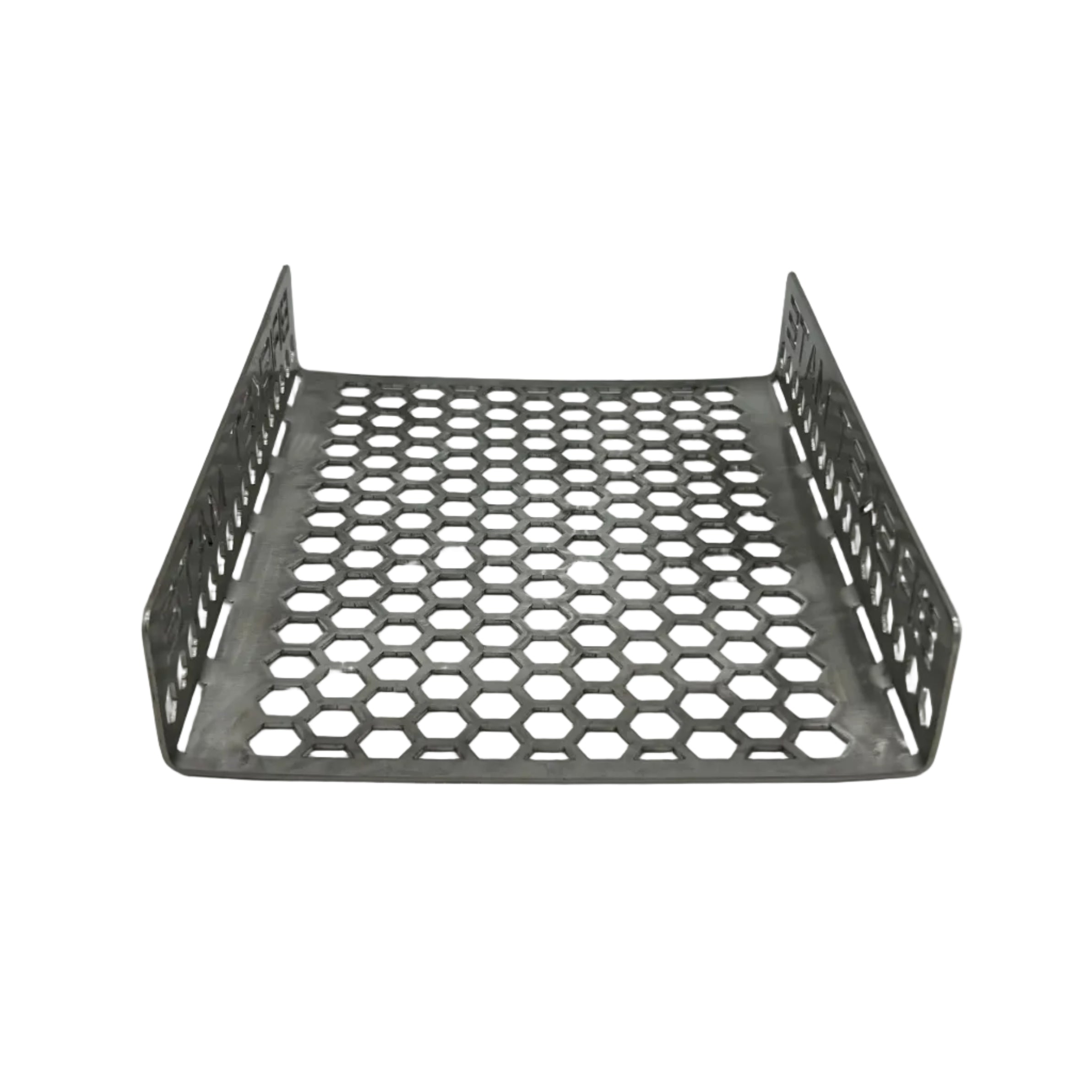 Brisket Mate Short Brisket Caddy – low angle front view showing perforated hexagonal stainless steel base and folded side supports