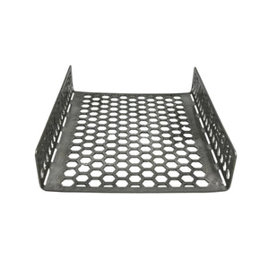 Brisket Mate Short Brisket Caddy – low angle front view showing perforated hexagonal stainless steel base and folded side supports