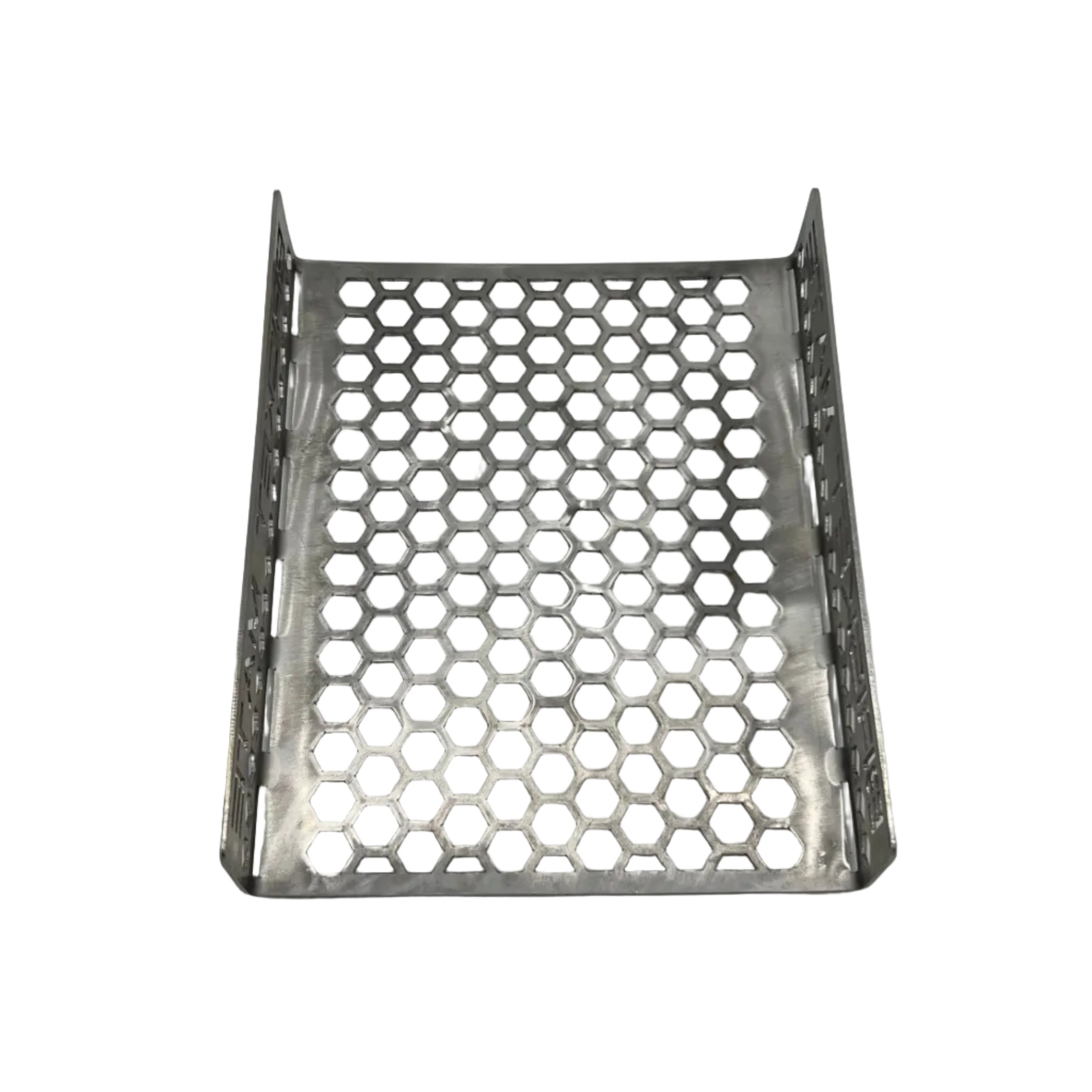 Brisket Mate Short Brisket Caddy – overhead view of perforated stainless steel hexagonal mesh base with raised side walls