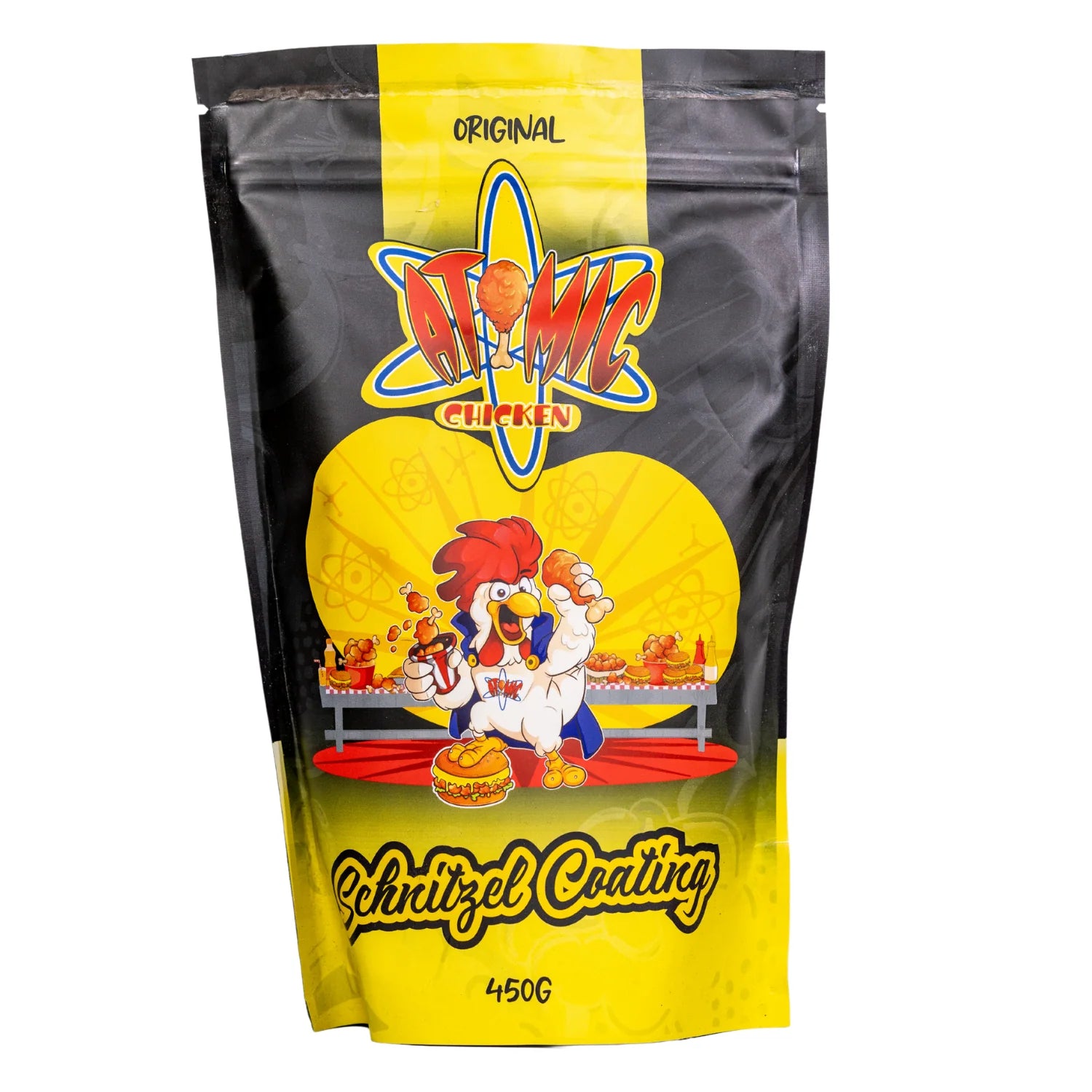 Atomic Chicken Original Schnitzel Coating – front of pack, crispy pub-style schnitzel seasoning