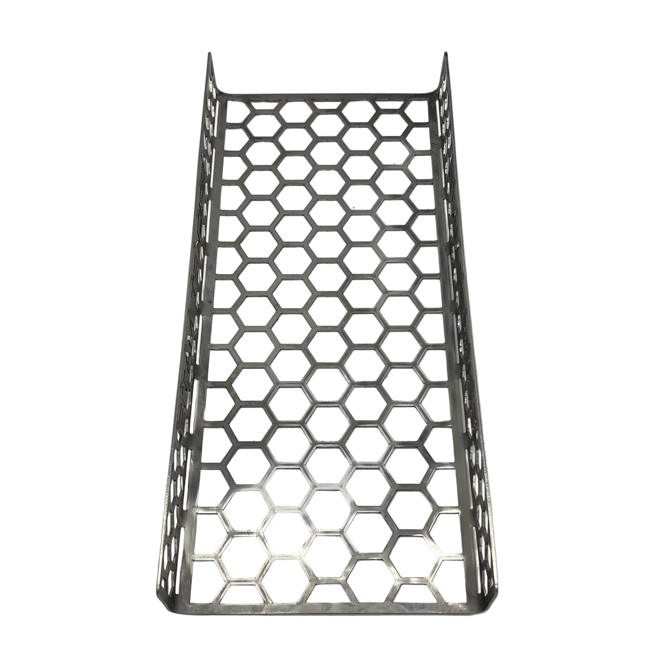 CLD Fabrication Brisket Mate Long Brisket Caddy – mild steel version, top-down view showing full-length honeycomb perforated tray and raised side panels